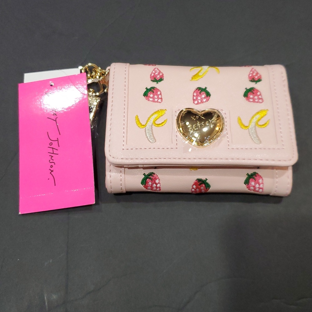 Betsey Johnson pink strawberry banana embroidered trifold wallet with charm